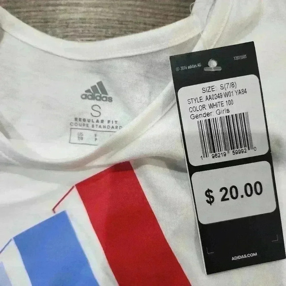 Girls SMALL (7/8) Adidas Logo Graphic T-Shirt Red White Blue NEW - Picture 3 of 4